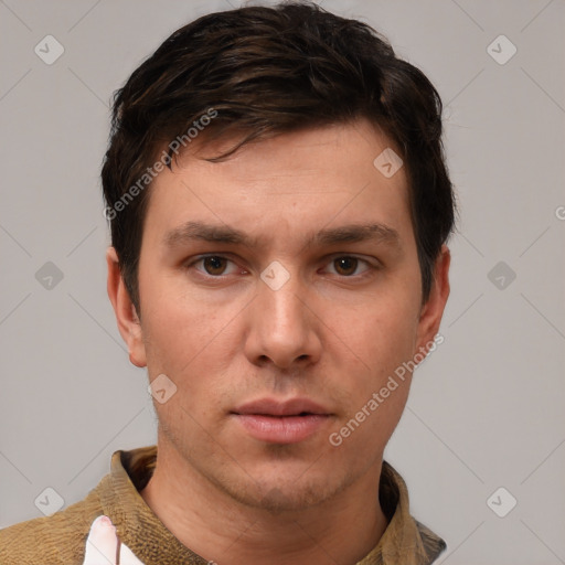 Neutral white young-adult male with short  brown hair and brown eyes