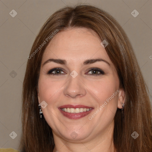 Joyful white adult female with long  brown hair and brown eyes