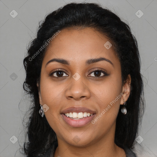 Joyful latino young-adult female with long  black hair and brown eyes