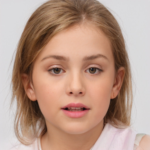 Neutral white child female with medium  brown hair and blue eyes