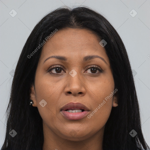 Joyful asian young-adult female with long  brown hair and brown eyes