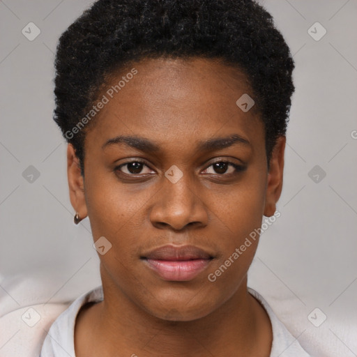 Neutral black young-adult female with short  black hair and brown eyes