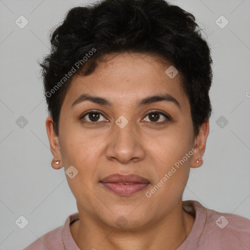 Joyful latino young-adult female with short  brown hair and brown eyes