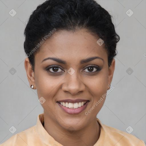 Joyful latino young-adult female with short  brown hair and brown eyes