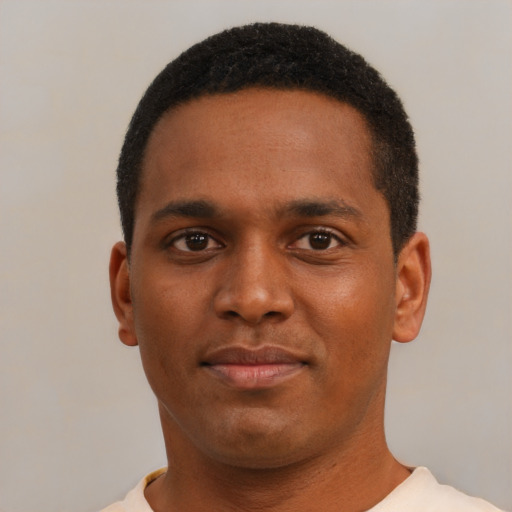 Neutral black young-adult male with short  black hair and brown eyes