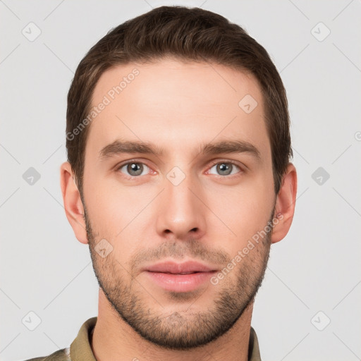 Neutral white young-adult male with short  brown hair and grey eyes