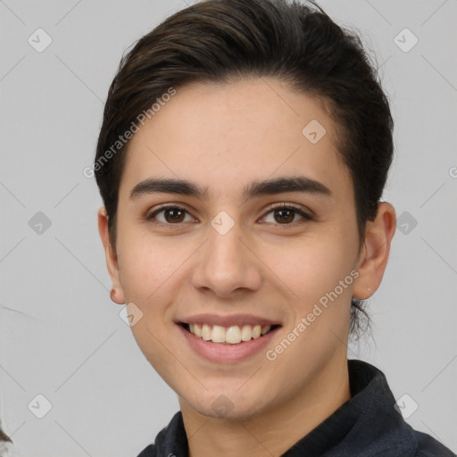 Joyful white young-adult female with short  brown hair and brown eyes