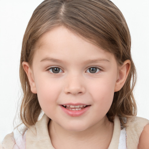 Joyful white child female with medium  brown hair and grey eyes