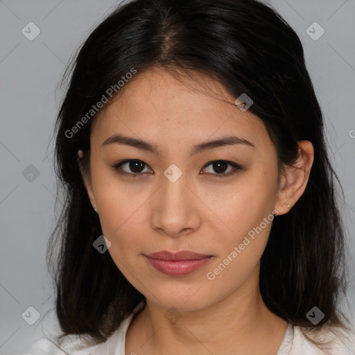 Joyful asian young-adult female with medium  brown hair and brown eyes