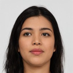 Neutral asian young-adult female with long  black hair and brown eyes