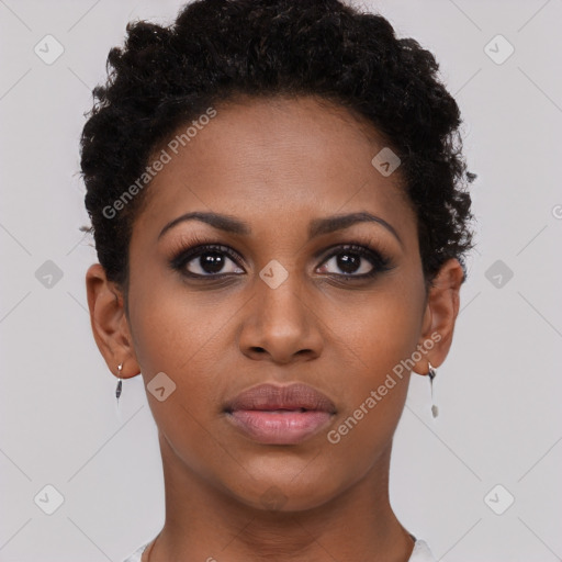 Neutral black young-adult female with short  brown hair and brown eyes