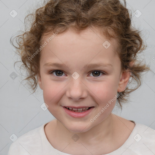 Joyful white child female with short  brown hair and brown eyes