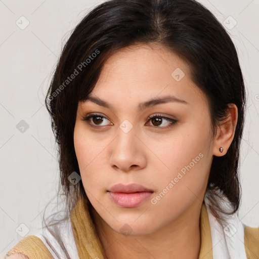 Neutral asian young-adult female with medium  brown hair and brown eyes