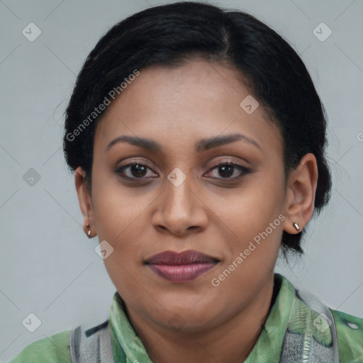 Joyful latino young-adult female with short  black hair and brown eyes