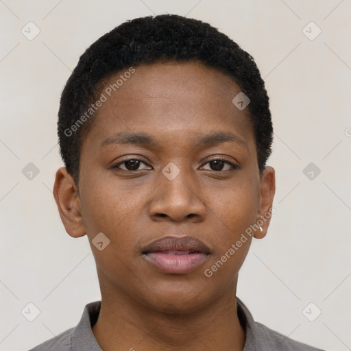 Neutral black young-adult female with short  black hair and brown eyes