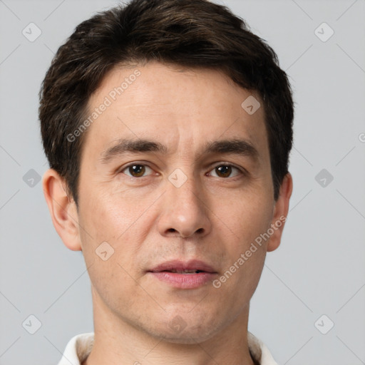 Neutral white adult male with short  brown hair and brown eyes