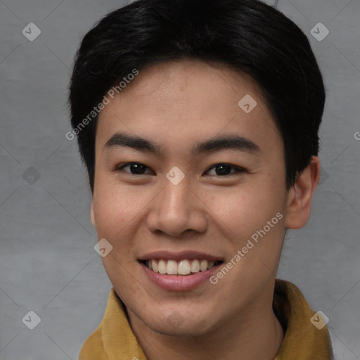 Joyful asian young-adult male with short  brown hair and brown eyes