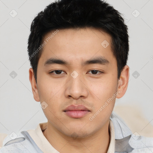 Neutral asian young-adult male with short  brown hair and brown eyes