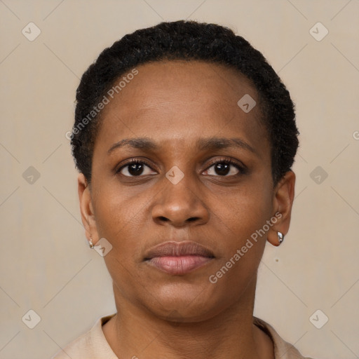 Neutral black young-adult female with short  black hair and brown eyes