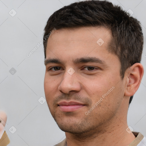 Neutral white young-adult male with short  brown hair and brown eyes