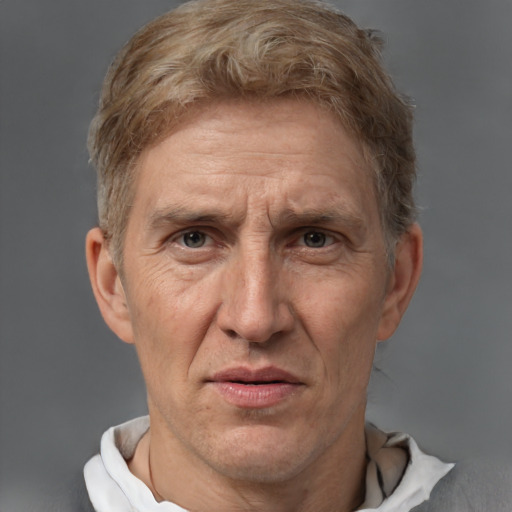 Joyful white middle-aged male with short  brown hair and brown eyes