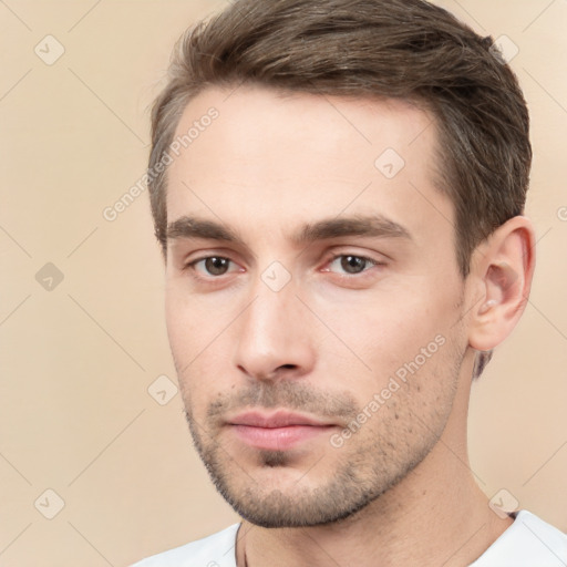 Neutral white young-adult male with short  brown hair and brown eyes