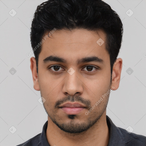 Neutral latino young-adult male with short  black hair and brown eyes