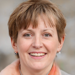 Joyful white adult female with medium  brown hair and grey eyes