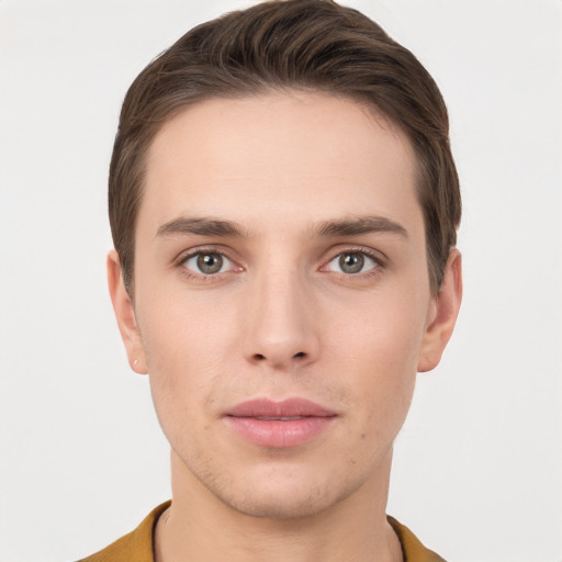 Neutral white young-adult male with short  brown hair and brown eyes