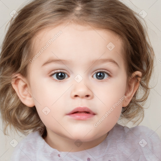 Neutral white child female with medium  brown hair and blue eyes