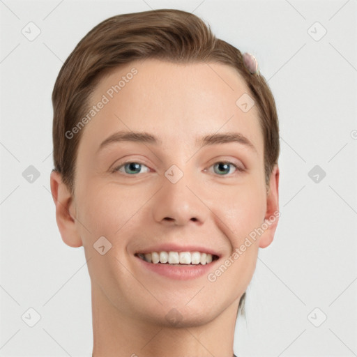 Joyful white young-adult female with short  brown hair and grey eyes