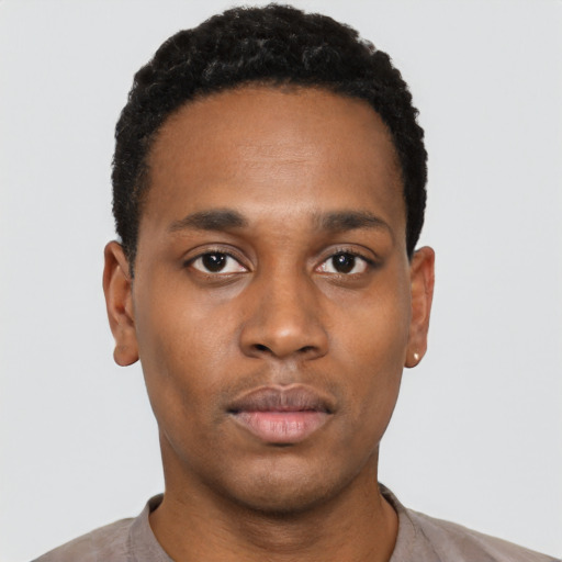 Neutral black young-adult male with short  black hair and brown eyes