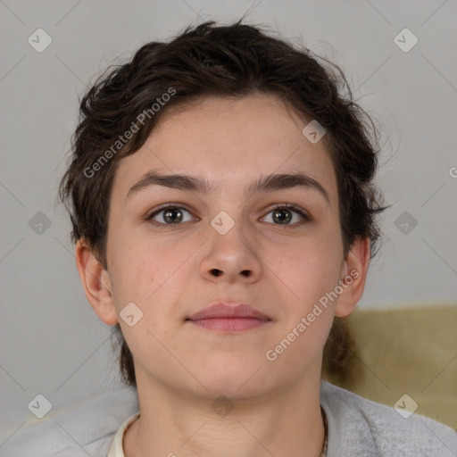 Neutral white young-adult female with short  brown hair and brown eyes