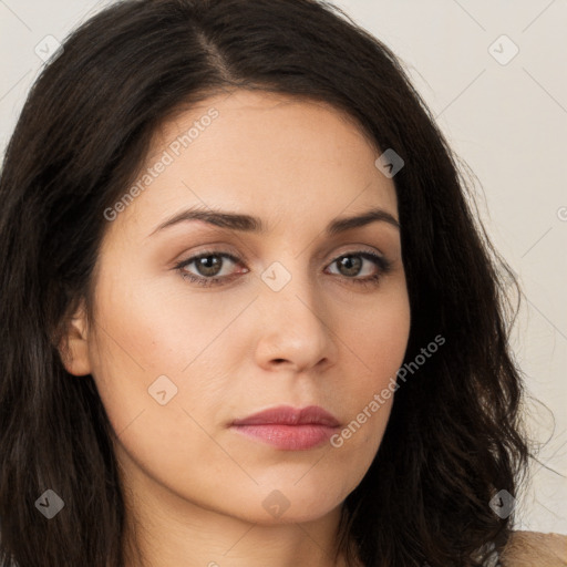 Neutral white young-adult female with long  brown hair and brown eyes