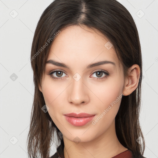 Neutral white young-adult female with long  brown hair and brown eyes