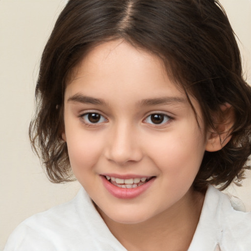 Joyful white child female with medium  brown hair and brown eyes