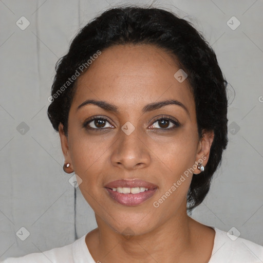 Joyful latino young-adult female with short  black hair and brown eyes