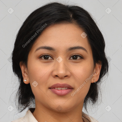 Joyful asian young-adult female with medium  brown hair and brown eyes