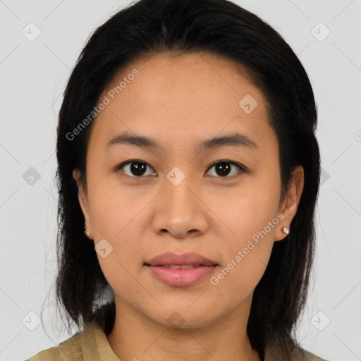 Joyful asian young-adult female with medium  black hair and brown eyes