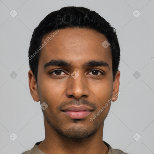 Neutral black young-adult male with short  black hair and brown eyes