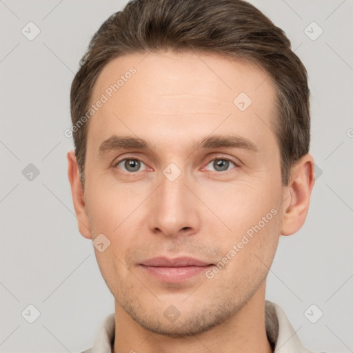 Neutral white young-adult male with short  brown hair and brown eyes