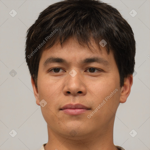 Neutral asian young-adult male with short  brown hair and brown eyes