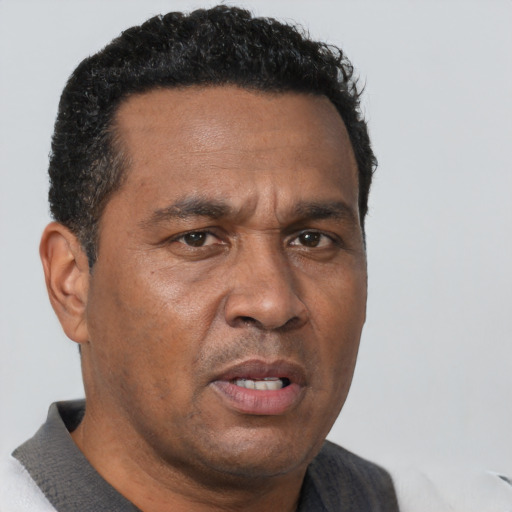 Neutral black adult male with short  black hair and brown eyes
