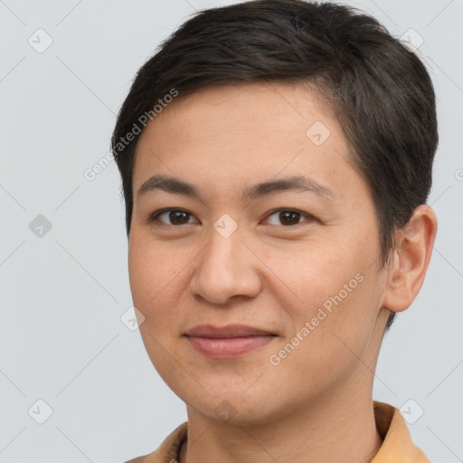 Joyful white young-adult female with short  brown hair and brown eyes