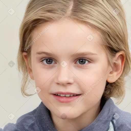 Joyful white child female with medium  brown hair and grey eyes