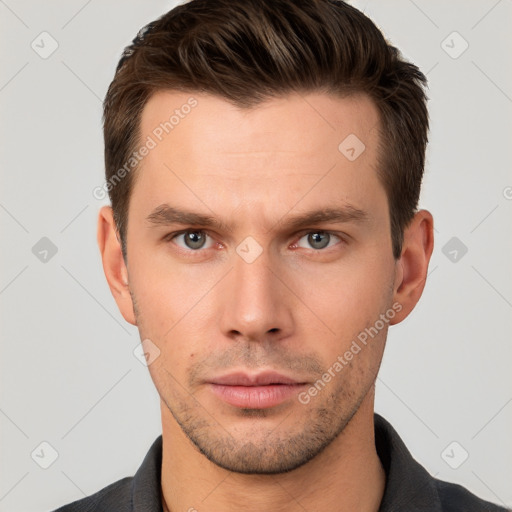 Neutral white young-adult male with short  brown hair and brown eyes