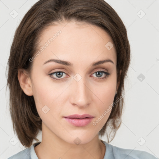 Neutral white young-adult female with medium  brown hair and grey eyes