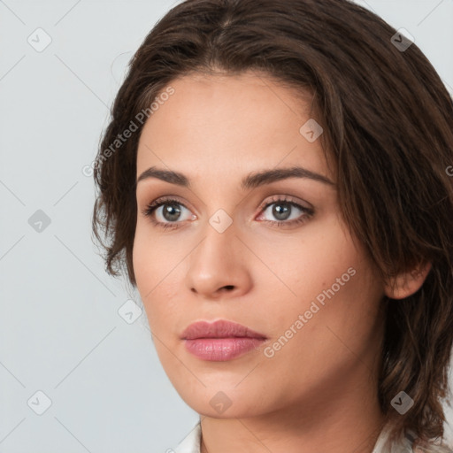 Neutral white young-adult female with medium  brown hair and brown eyes