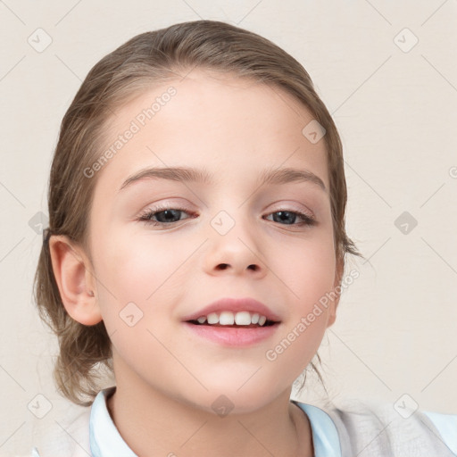 Joyful white child female with medium  brown hair and brown eyes