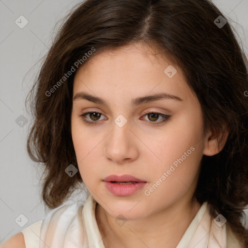 Neutral white young-adult female with medium  brown hair and brown eyes